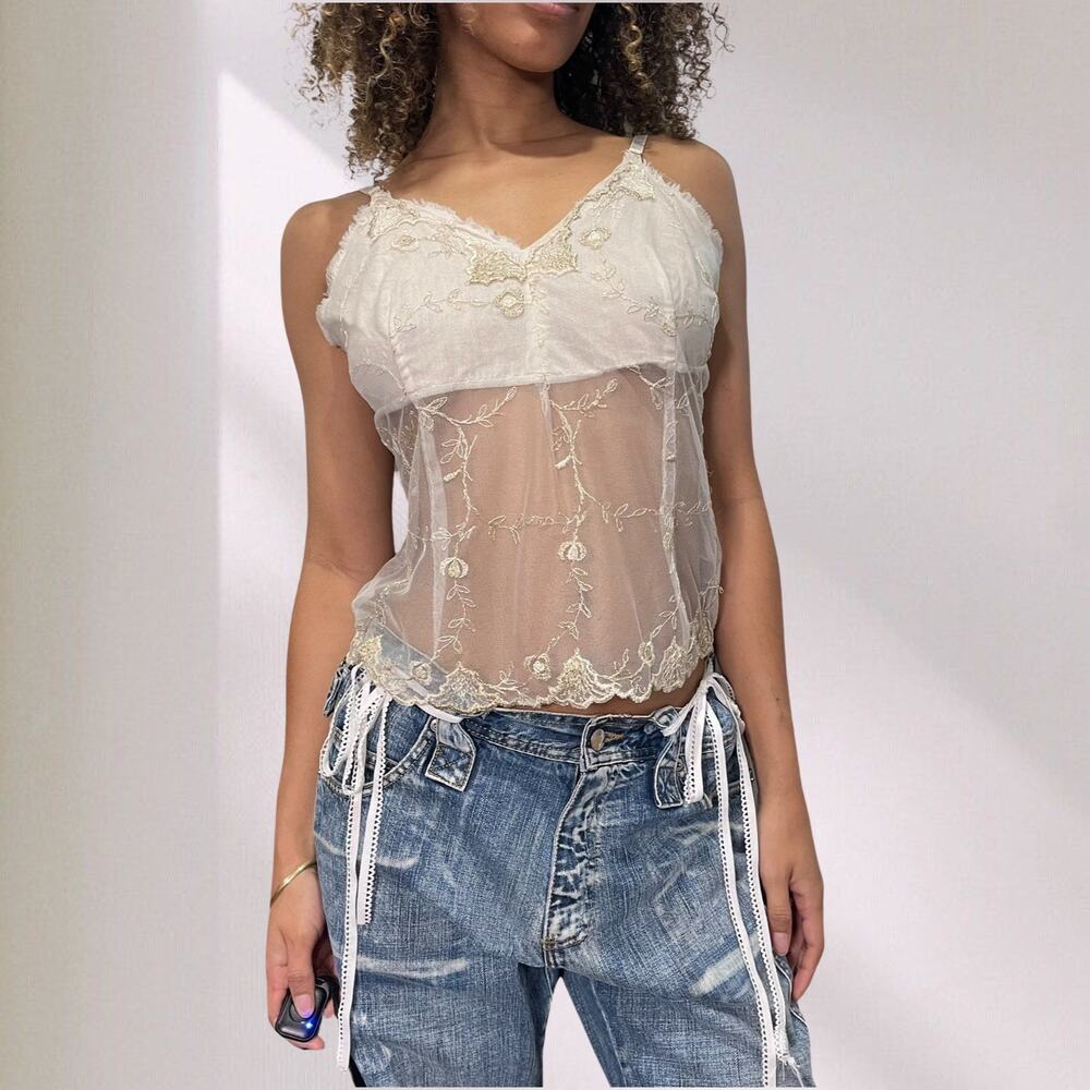 Italian designer - Vintage 90s cream sheer mesh floral embroidered cami tank (M)